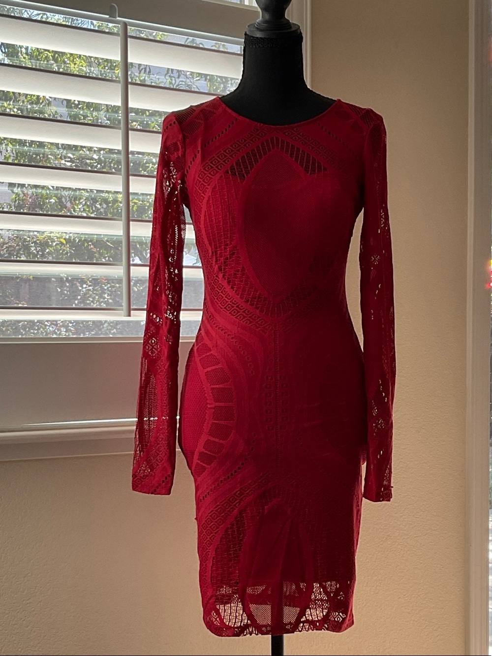 Hot Miami Styles Red Lace Long Sleeve Bodycon Dress